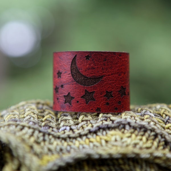 Stars and Moon Shawl Cuff, made from leather with a bronze stud. Great for holding your knitted and crocheted scarves, shawls and cowls.