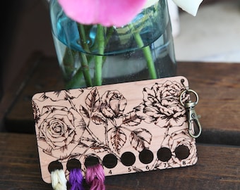 Roses Flower Embroidery Floss Thread Storage Holder - Rectangle Cherry Wood to store your cross stitch needlepoint - Rose Floss Holder