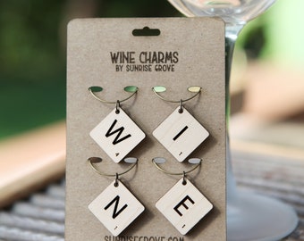 Fun Scrabble Tile Wine Charms for Wine and Beverage Glasses- Set of 4 charms spelling the word WINE , made from maple wood