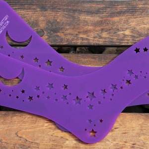 Acrylic Knitting Sock Blockers - Starry Night Stars and Crescent Moon Cutouts - Set of two purple knit foot forms