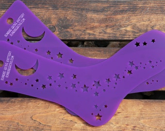 Acrylic Knitting Sock Blockers - Starry Night Stars and Crescent Moon Cutouts - Set of two purple knit foot forms