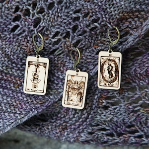 Tarot Cards removable knitting progress keepers and crochet stitch markers. Set of 3 of The World, The Lovers and The Hanged Man