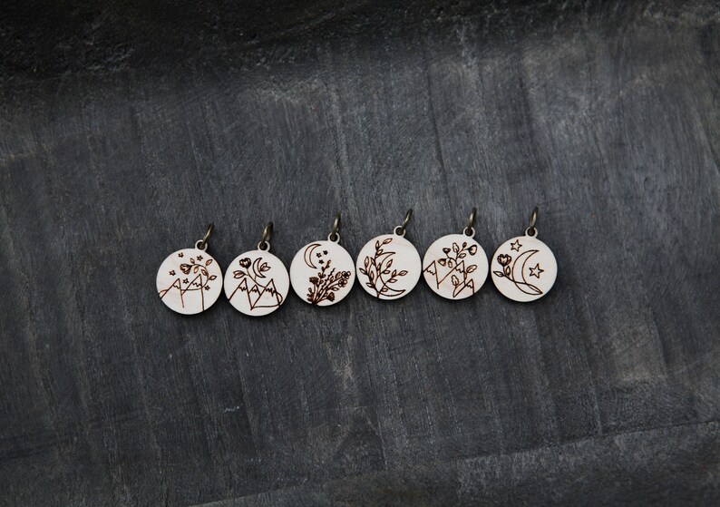 Moonflower and Stars Knitting Stitch Markers made from maple wood Set of 6 Moon flowers, moon and stars with mountains image 4