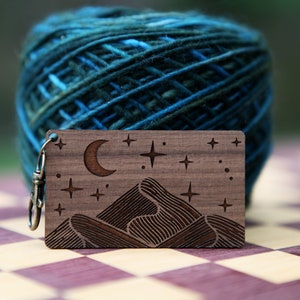 Mountain Moon and Stars Night Sky Twist Angle Gauge - Rectangle Walnut Wood to measure the twist in your yarn. Great tool for spinners
