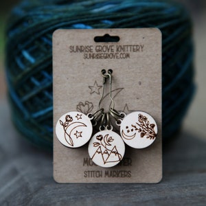 Moonflower and Stars Knitting Stitch Markers made from maple wood Set of 6 Moon flowers, moon and stars with mountains image 3