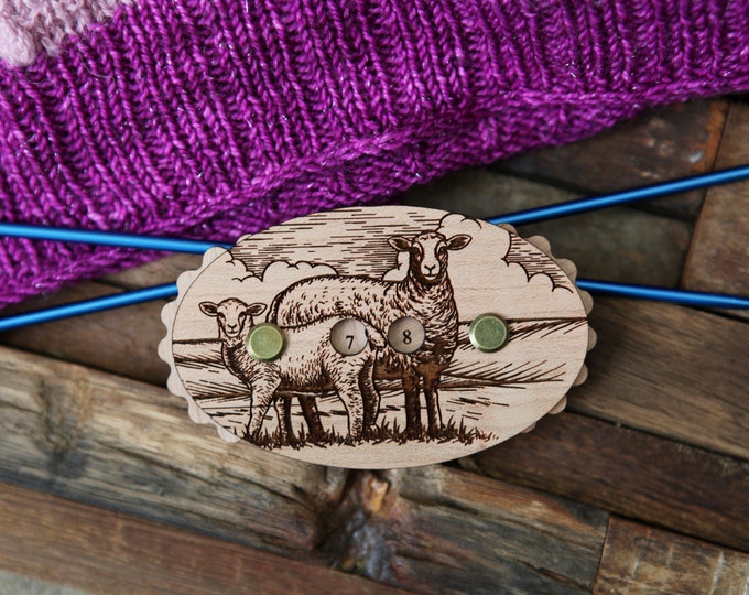 Knitting and Crochet Row Counter. Sheep in hills and field made from cherry wood. Turn the dials to keep progress of your rows