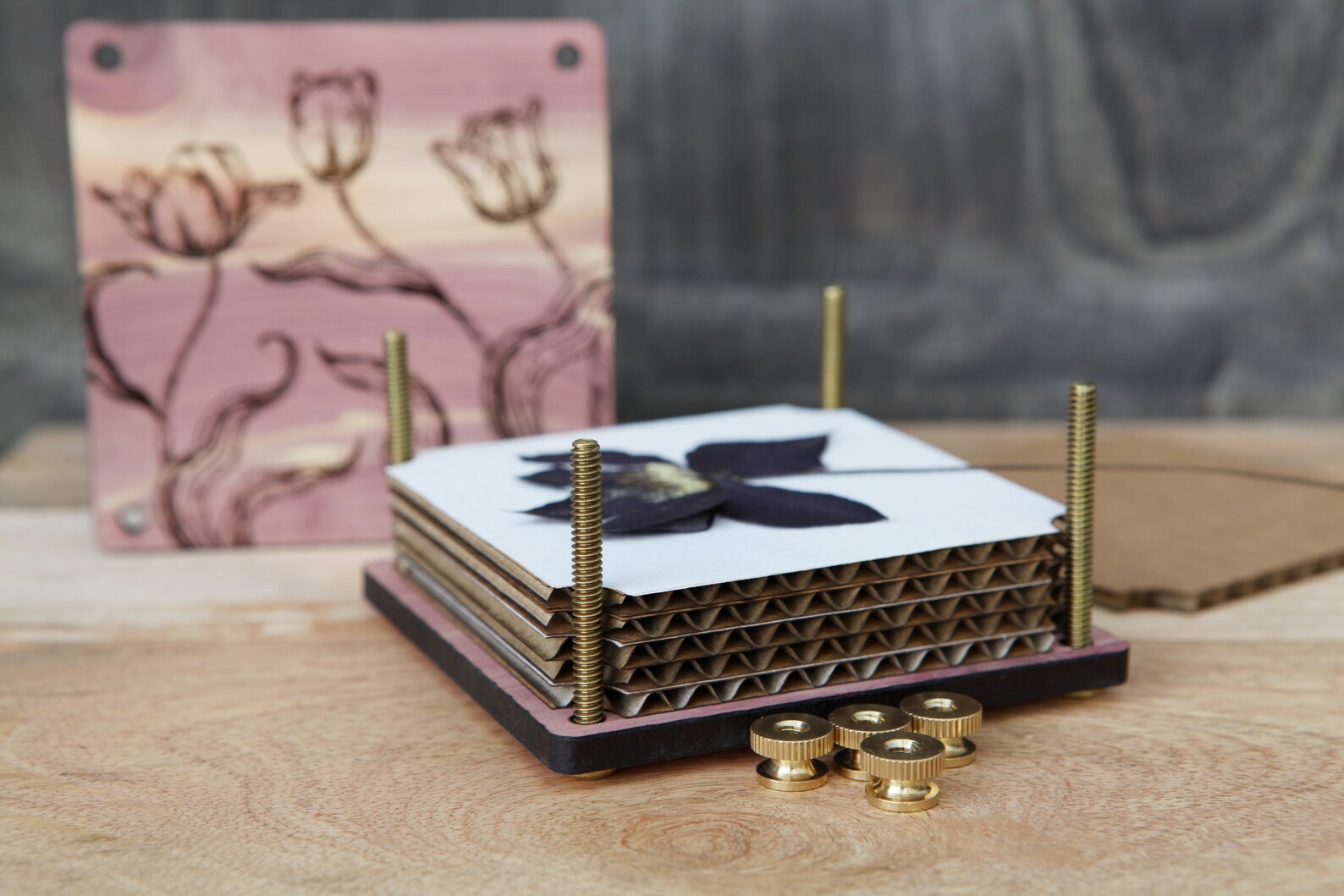Flower Press kit with engraved tulip flowers made from cedar Etsy