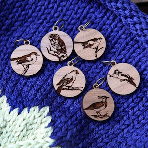 Knitting Stitch Markers - Walnut - Set of 6 Birds on Branches including an owl, woodpecker, oriole, and others