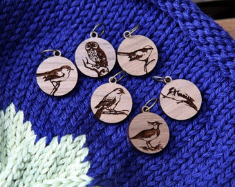 Knitting Stitch Markers - Walnut - Set of 6 Birds on Branches including an owl, woodpecker, oriole, and others