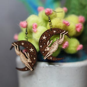 Rabbit with Crescent Moon and Stars Earrings made from maple or cherry wood ; great for those who love the night sky and bunnies