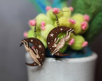 Rabbit with Crescent Moon and Stars Earrings made from maple or cherry wood ; great for those who love the night sky and bunnies