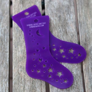 Stars and Crescent Moon Purple Acrylic Baby and Toddler Knitting Sock Blockers -Set of two Celestial Night Sky knit foot forms