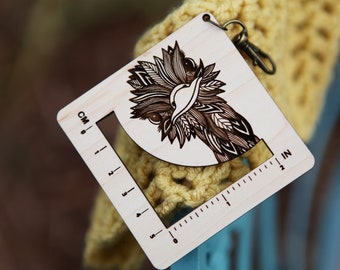 Ostrich Bird Gauge Swatch Measurement Ruler in Inches and Centimeters -Maple Wood with Bronze Clasp - For Knit, Crochet and other Fiber Arts