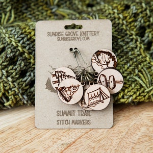 Summit Trail Hiking Knitting Stitch Markers in Cherry Wood - Set of 6: Backpack, trail sign, mountain, pine trees, camp fire, camping tent