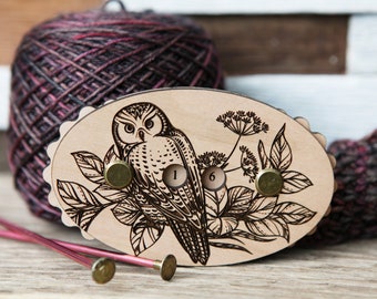 Knitting and Crochet Row Counter. Owl with plants and flowers, made from cherry wood. Turn the dials to keep progress of your rows
