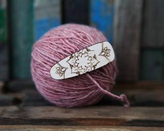 Clip for yarn ball or hair. Mandala engraved on maple wood. Great for loose ends on yarn or hair barrette.