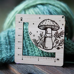 Amanita Mushroom with Stars Gauge Swatch Measurement Ruler in Inches and Centimeters Cherry Wood with Bronze Clasp - For Knit and Crochet