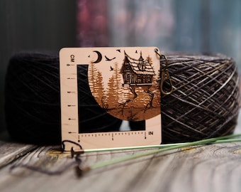 Baba Yaga Forest House Gauge Swatch Measurement Ruler in Inches and Centimeters Maple Wood with Bronze Clasp - For Knit and Crochet