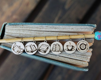 Knitting Stitch Markers - Maple wood- Set of 6 - Books and Coffee featuring images of coffee cups and set of novels