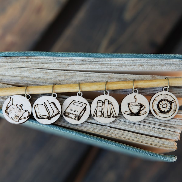 Knitting Stitch Markers - Maple wood- Set of 6 - Books and Coffee featuring images of coffee cups and set of novels