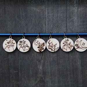 Moonflower and Stars Knitting Stitch Markers made from maple wood Set of 6 Moon flowers, moon and stars with mountains image 9