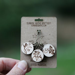 Moonflower and Stars Knitting Stitch Markers made from maple wood Set of 6 Moon flowers, moon and stars with mountains image 7