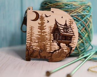 Baba Yaga Spinners Control Tool WPI (Wraps per Inch) Ruler and Twist Angle Gauge for yarn, witchy house with moon, birds and forest trees