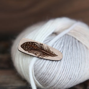 Clip for yarn ball or hair. Engraved wood clip with bird feather. Great for loose ends on yarn or hair barrette. image 4