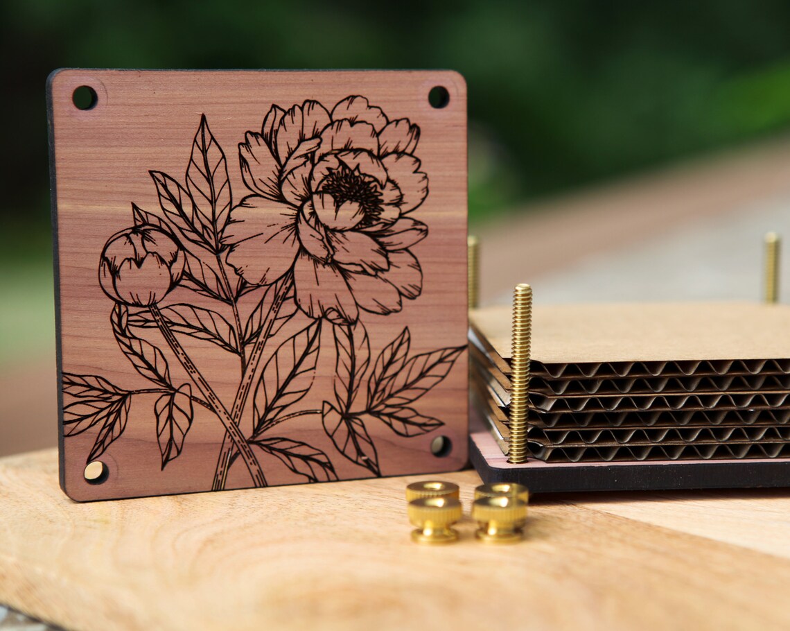 Flower Press kit with engraved peony flowers made from cedar Etsy