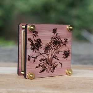 Flower Press kit with engraved dahlia flowers made from cedar wood and brass bolts. Includes rice paper and cardboard inserts for drying