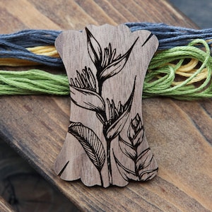 Heliconia Flower Embroidery Floss Thread Card Winders Made from Walnut Wood. Wind your floss, yarn or threads to keep them organized.
