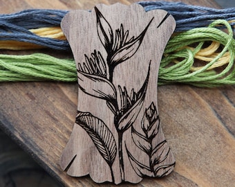 Heliconia Flower Embroidery Floss Thread Card Winders Made from Walnut Wood. Wind your floss, yarn or threads to keep them organized.