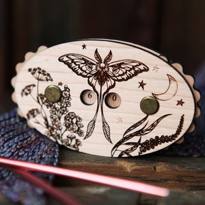 Knitting and Crochet Row Counter. Luna moth with stars & moon and plants made from cherry wood. Turn the dials to keep progress of your rows