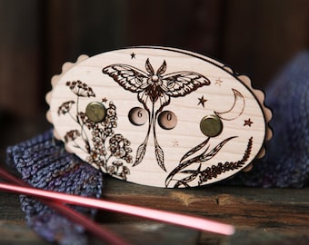 Knitting and Crochet Row Counter. Luna moth with stars & moon and plants made from cherry wood. Turn the dials to keep progress of your rows