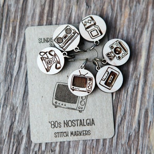 80's Nostalgia Knitting Stitch Markers, Maple wood Set of 6. Vintage 1980s electronic: tv, stereo, game, camera, telephone & music cassette