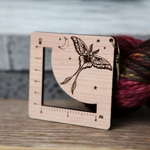 Luna Moth with Stars and Moon Gauge Swatch Measurement Ruler in Inches and Centimeters Cherry Wood with Bronze Clasp - For Knit and Crochet