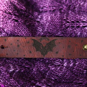 Vampire Bat under the Moon Shawl Cuff, made from leather with a bronze stud. Great for your knitted and crocheted scarves, shawls and cowls. image 9