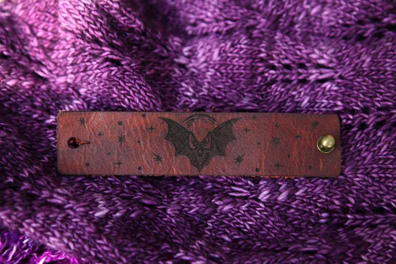 Vampire Bat under the Moon Shawl Cuff, made from leather with a bronze stud. Great for your knitted and crocheted scarves, shawls and cowls. image 9