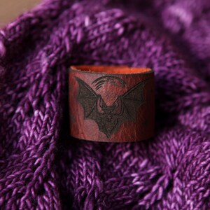 Vampire Bat under the Moon Shawl Cuff, made from leather with a bronze stud. Great for your knitted and crocheted scarves, shawls and cowls. image 8