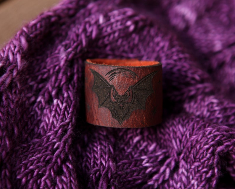 Vampire Bat under the Moon Shawl Cuff, made from leather with a bronze stud. Great for your knitted and crocheted scarves, shawls and cowls. image 8