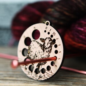 Knitting Needle Gauge Guide with a sheep standing on a grassy hill Cherry wood with bronze clasp image 7