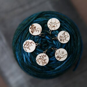 Moonflower and Stars Knitting Stitch Markers made from maple wood Set of 6 Moon flowers, moon and stars with mountains image 5