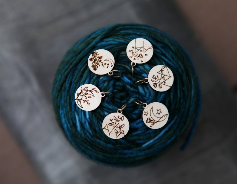 Moonflower and Stars Knitting Stitch Markers made from maple wood Set of 6 Moon flowers, moon and stars with mountains image 5