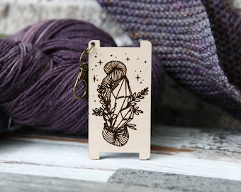 Crystals and leaves bound to a yarn hank with stars Spinners Control Tool , WPI (Wraps per Inch) Ruler made from cherry wood for yarn gauge