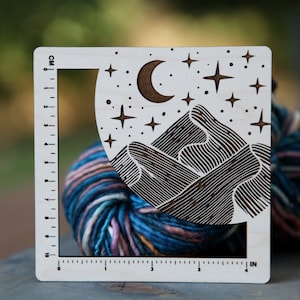 Moon and Stars over Mountains Gauge Swatch 4 Inches and 10 Centimeters made from Maple Wood For Knit, Crochet and other Fiber Arts image 1