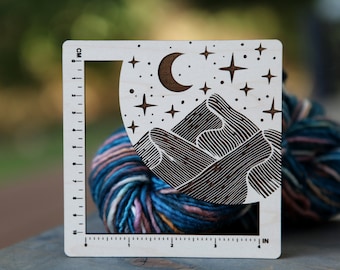 Moon and Stars over Mountains Gauge Swatch 4 Inches and 10 Centimeters made from Maple Wood - For Knit, Crochet and other Fiber Arts