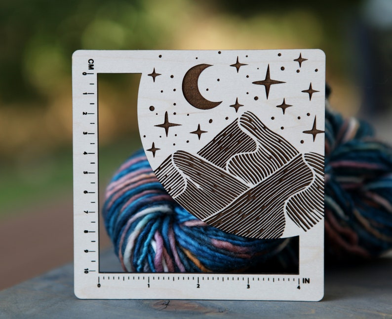 Moon and Stars over Mountains Gauge Swatch 4 Inches and 10 Centimeters made from Maple Wood For Knit, Crochet and other Fiber Arts image 1