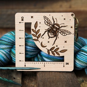 Bee with Stars and Moon Gauge Swatch Measurement Ruler in Inches and Centimeters Cherry Wood with Bronze Clasp - For Knit and Crochet