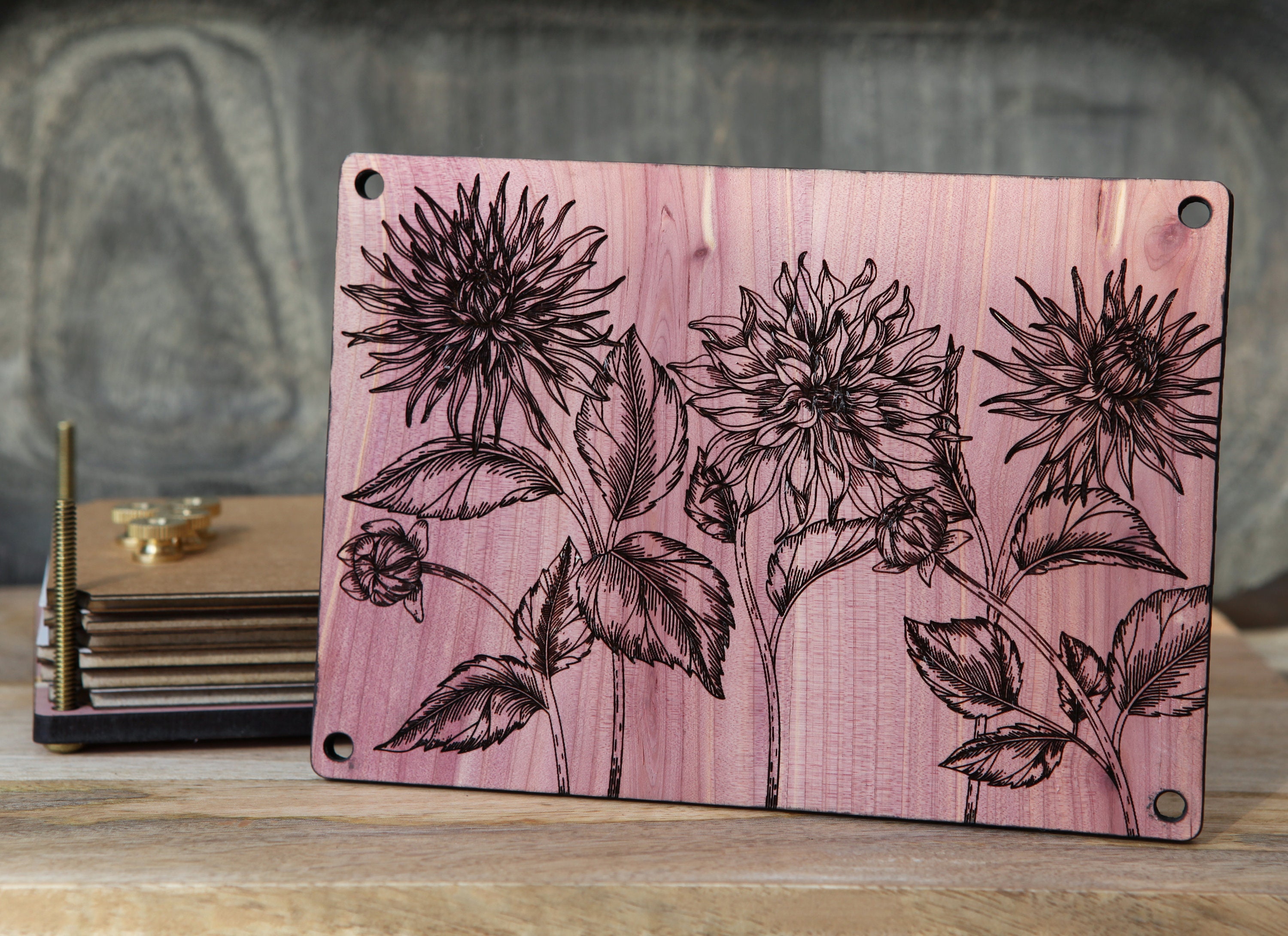 Flower Press Kit With Engraved Dahlia Flowers Made From Cedar Etsy
