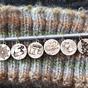 Knitting Stitch Markers - Maple wood- Set of 6 - Yuletide Christmas Holiday including snowman, snowflake, winter hat, tree, candy & presents